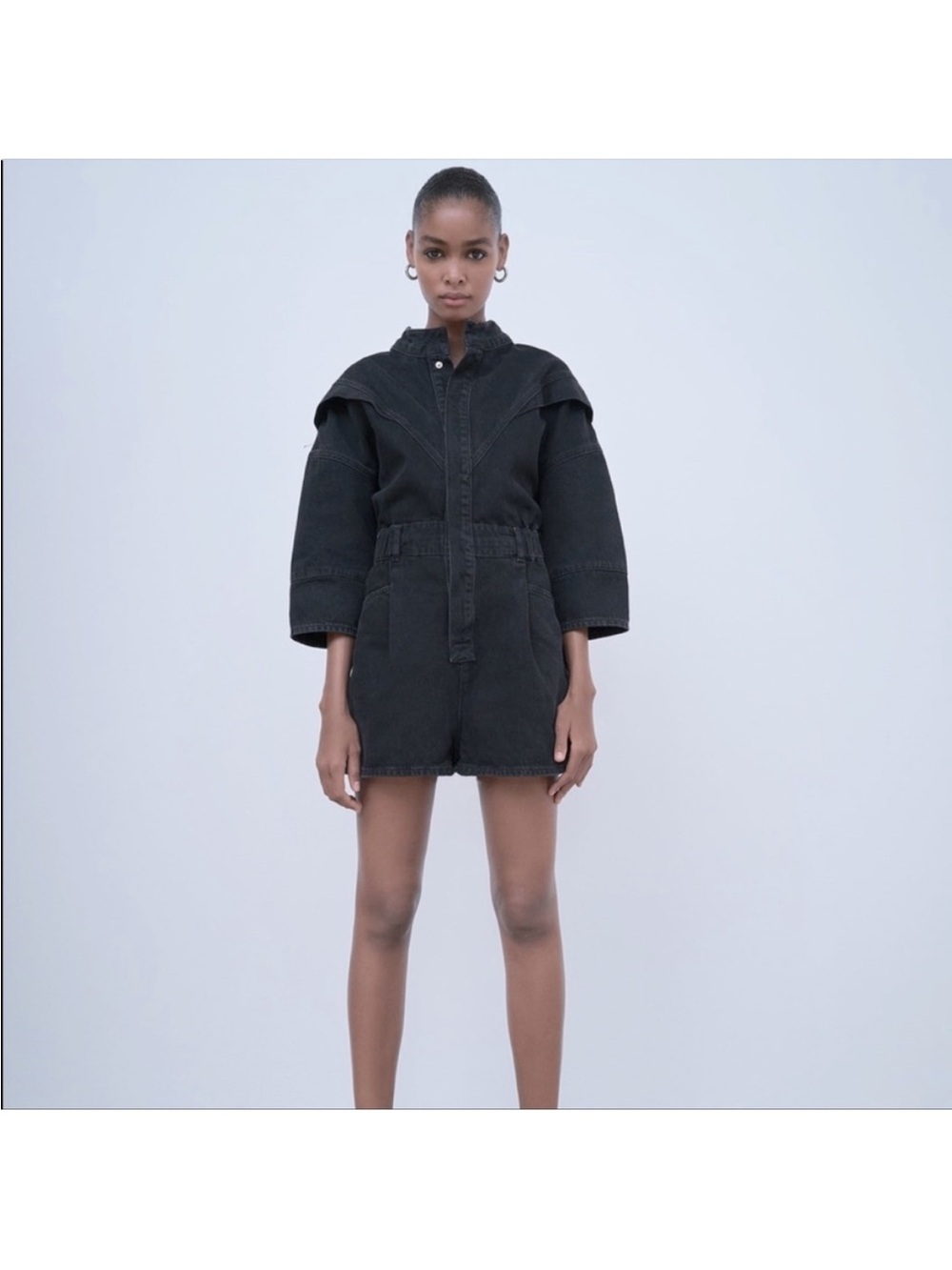 Zara black denim jean romper shoulder detail size XS